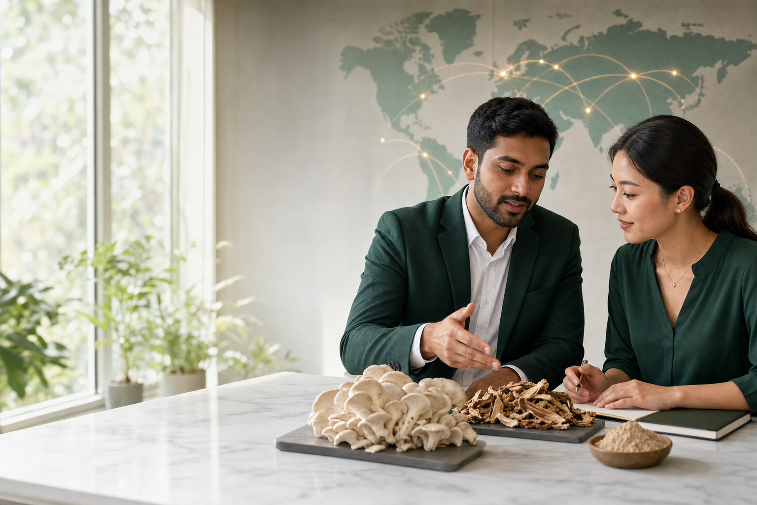 Business partners discussing mushroom ingredient sourcing